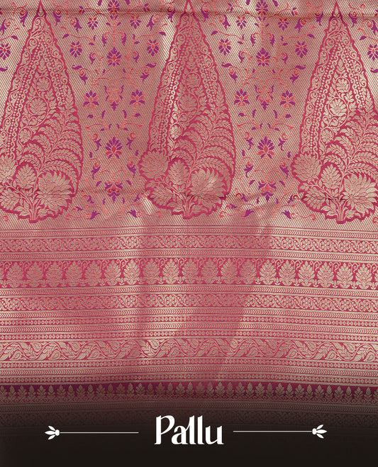 Burgundy colour semi wedding silk saree featuring Gold zari pattern on body, complemented Silver Peacock motifs & gold zari border, paired with matching blouse piece.
