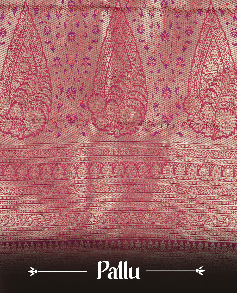 Burgundy colour semi wedding silk saree featuring Gold zari pattern on body, complemented Silver Peacock motifs & gold zari border, paired with matching blouse piece.