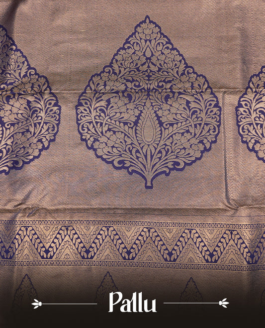 Aqua colour semi Wedding silk saree featuring Gold zari motifs on body, enhanced with Contrast Blue colour with traditional border, paired with matching blouse piece.