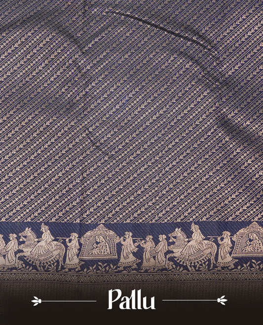 Dark Blue colour Semi wedding silk saree featuring Diagonal stripes on body, enchanced with self colour with gold zari pattern on border, paired with matching blouse piece.