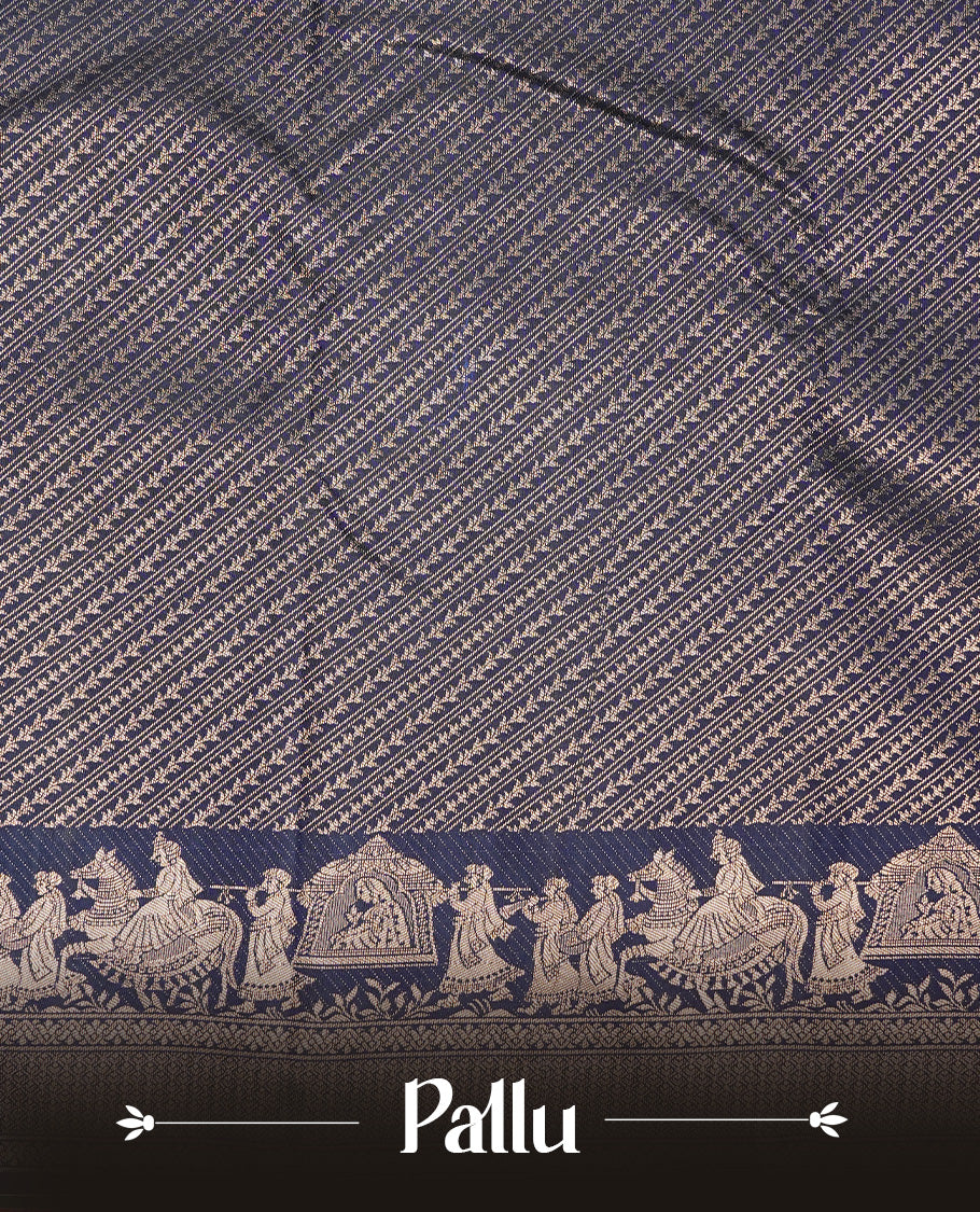 Dark Blue colour Semi wedding silk saree featuring Diagonal stripes on body, enchanced with self colour with gold zari pattern on border, paired with matching blouse piece.