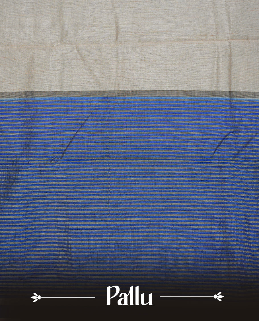 Cream colour Semi Tussar silk saree featuring an elegant plain body, accentuated by a contrast Blue border adorned with intricate gold zari work, paired with a matching blouse piece.