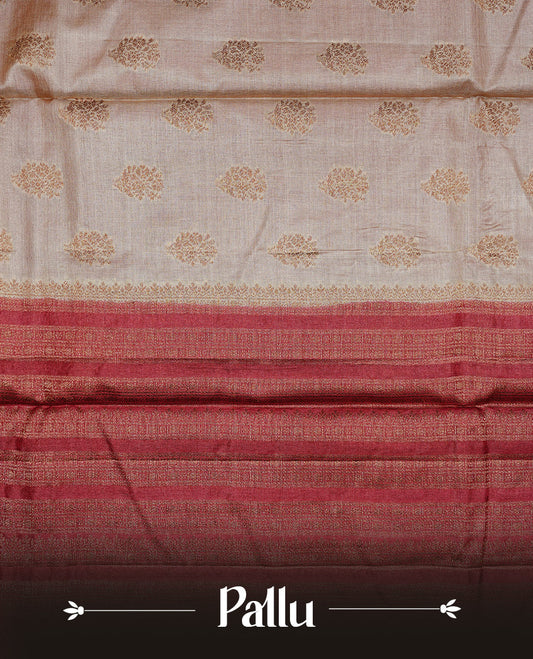 Golden Cream Colour Banaras tussar silk saree featuring Antique zari Motifs on body, Complemented by Maroon colour variant with zari border, paired with matching blouse Piece.