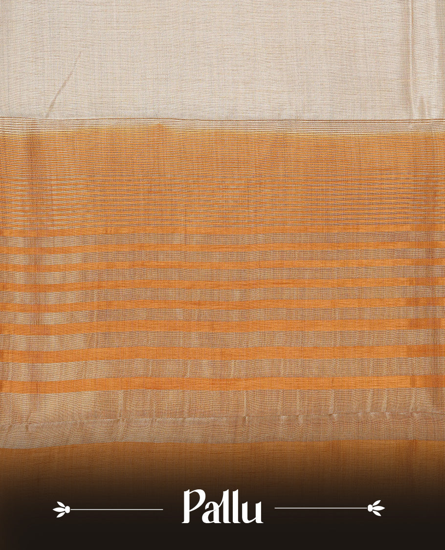 Light gold Colour Tussar saree featuring elegant plain body, complemented by contrast Mustard colour with zari work border, comes with matching blouse piece.