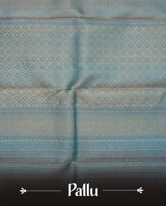 Teal blue pure wedding silk saree featuring Gold zari animal Motifs across body.complemented by self colour with traditional border, comes with matching blouse piece.