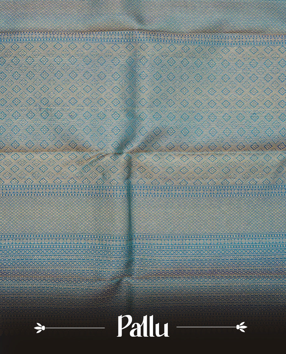 Teal blue pure wedding silk saree featuring Gold zari animal Motifs across body.complemented by self colour with traditional border, comes with matching blouse piece.