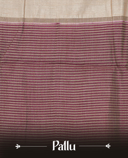 Cream colour Semi Tussar silk saree featuring an elegant plain body, accentuated by a contrast Purple border adorned with intricate gold zari work, paired with a matching blouse piece.