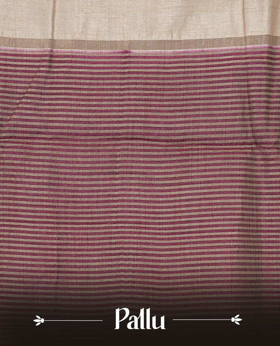 Cream colour Semi Tussar silk saree featuring an elegant plain body, accentuated by a contrast Purple border adorned with intricate gold zari work, paired with a matching blouse piece.