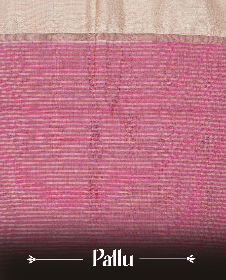 Cream colour Semi Tussar silk saree featuring an elegant plain body, accentuated by a contrast Magenta border adorned with intricate gold zari work, paired with a matching blouse piece.