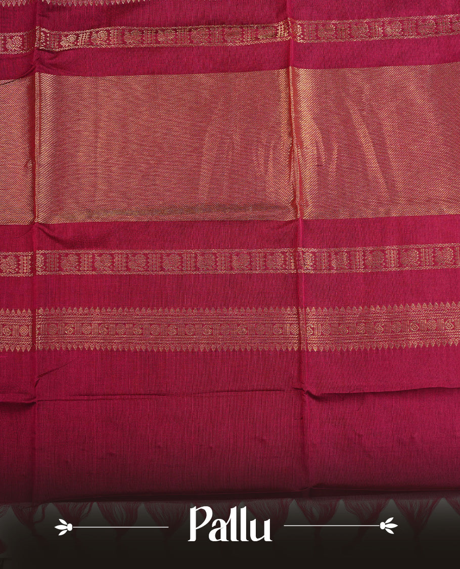 Dark Magenta  colour chettinad cotton saree featuring  Gold Motifs  on body, complemented by Contrast  Mustard Colour With Gold Zari border, paired with matching blouse piece.