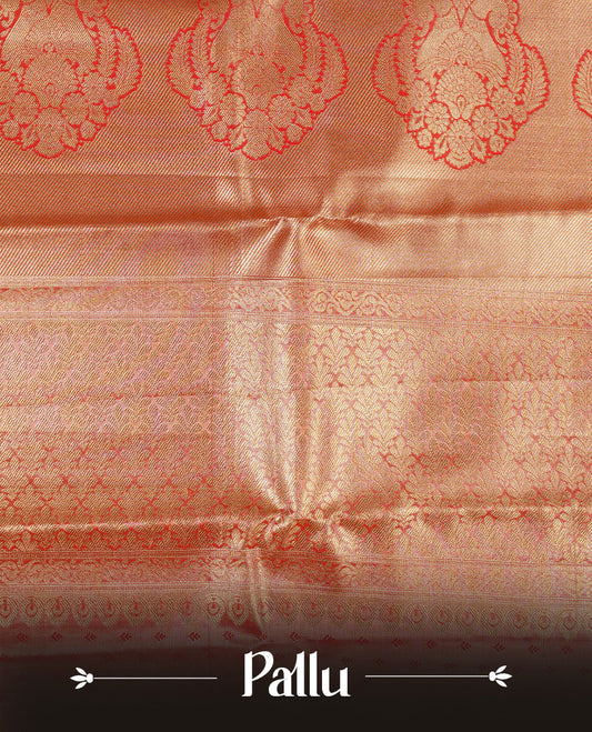 Orange & Gold colour Double shade Semi tissue silk saree featuring Silver zari Floral pattern on body, Contrast Maroon colour with Fancy border, paired with matching.