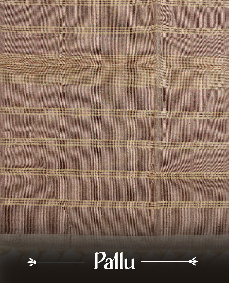 Brownish Grey colour chettinad cotton saree featuring  Gold Stripes  on body, complemented by Contrast Maroon Colour With Gold Zari border, paired with matching blouse piece.
