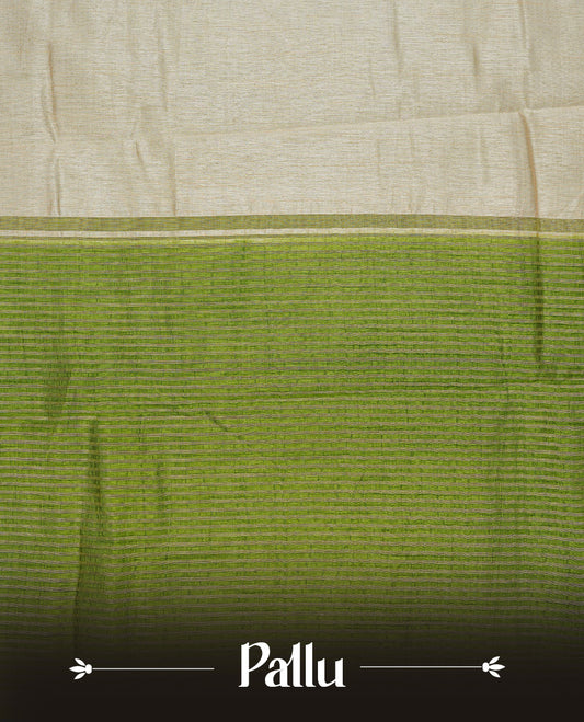 Cream colour Semi Tussar silk saree featuring an elegant plain body, accentuated by a contrast olive border adorned with intricate gold zigzag zari work, paired with a matching blouse piece.