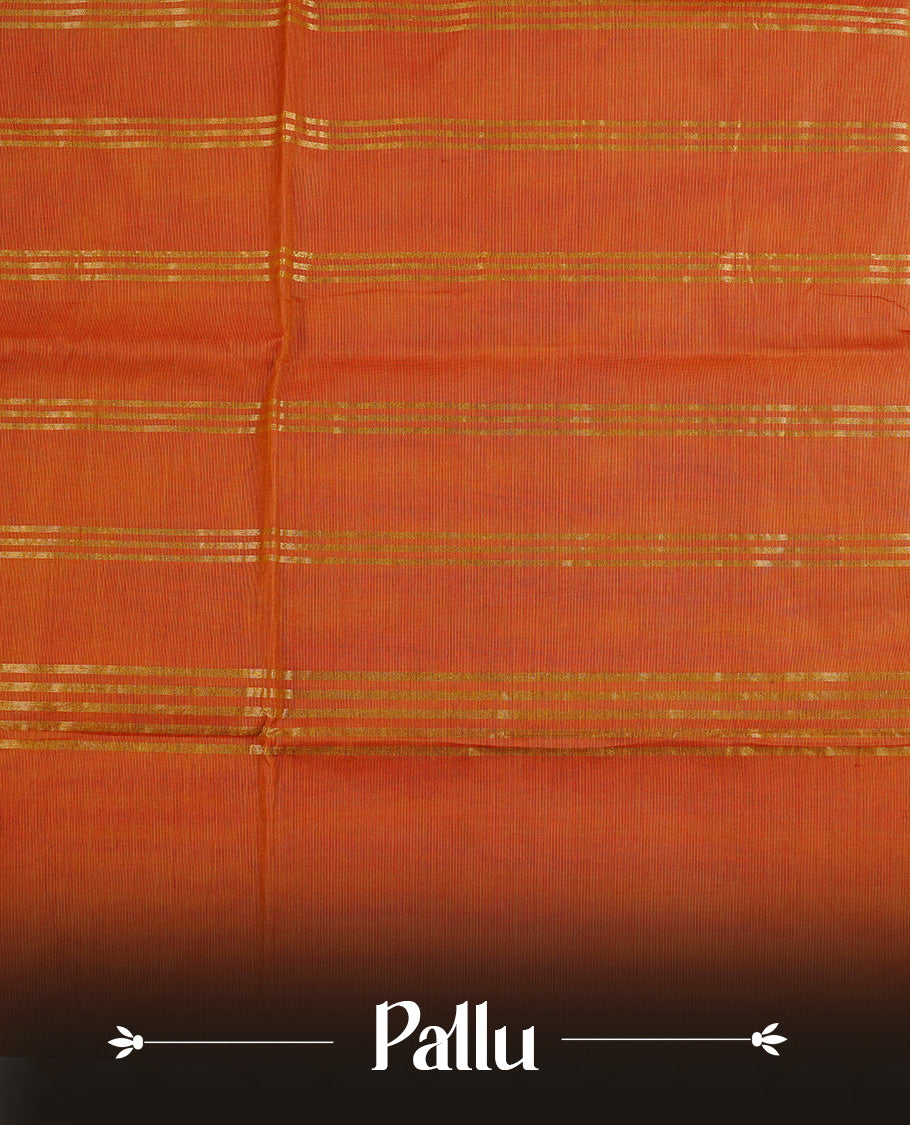Burnt Orange  colour chettinad cotton saree featuring  a Plain  body, complemented by Contrast  Dark Red Colour With Gold Zari border, paired with matching blouse piece.