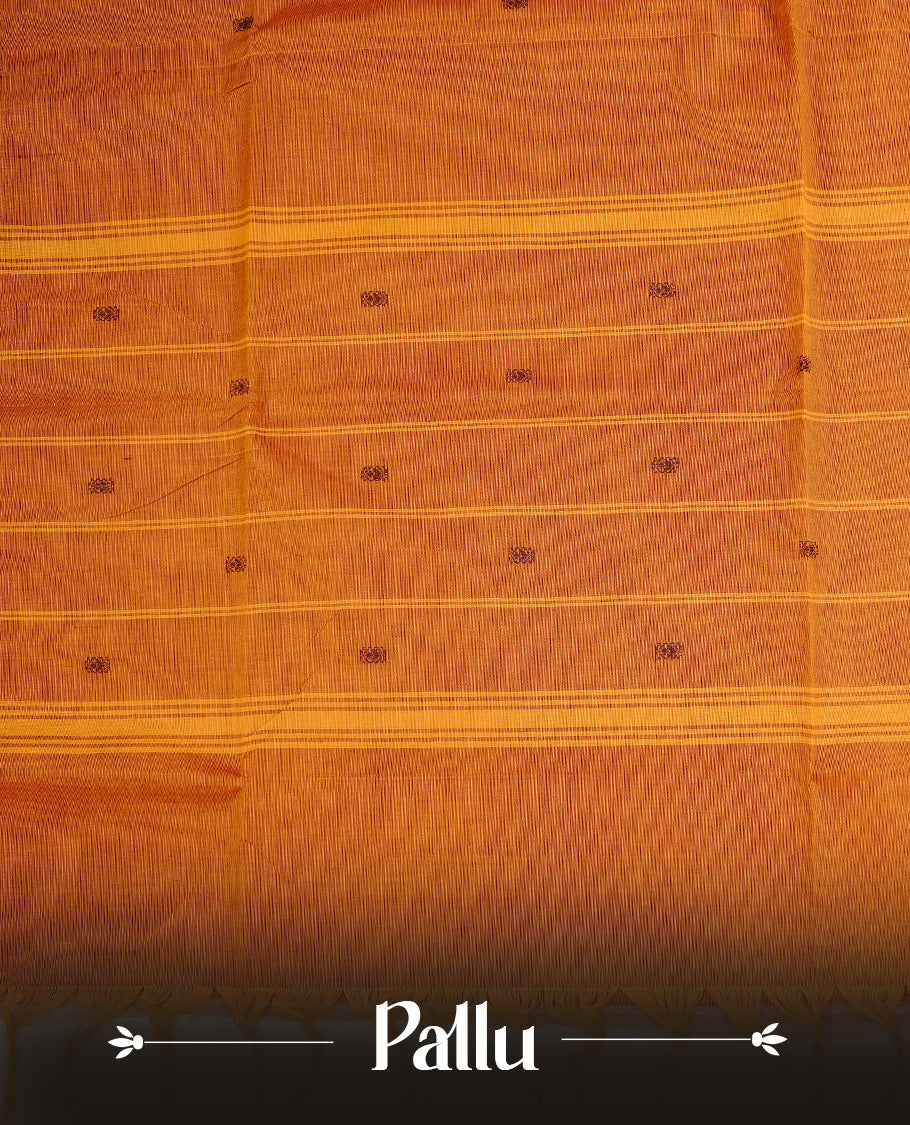 Rust Orange colour chettinad cotton saree featuring  Maroon Motifs  on body, complemented by Contrast Maroon Colour With Gold Zari border, paired with matching blouse piece.