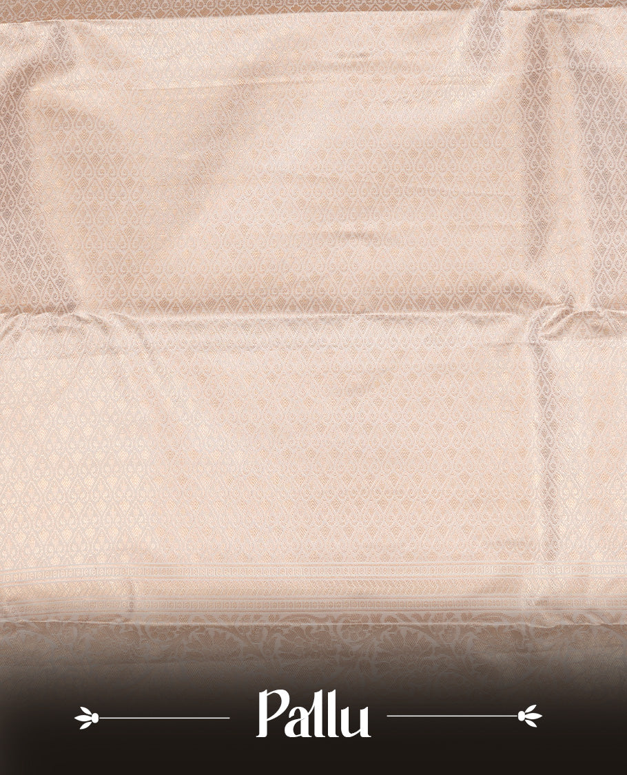 White Semi Wedding Silk Saree featuring Gold Zari Check with Motifs On body, Complemented with traditional zari with Self colour border with red piping, paired with matching blouse piece.