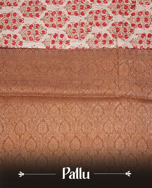 Beige Colour Chanderi silk saree featuring Block print on body, complemented by Contrast Dark Olive colour with Antique zari border, paired with matching blouse piece.