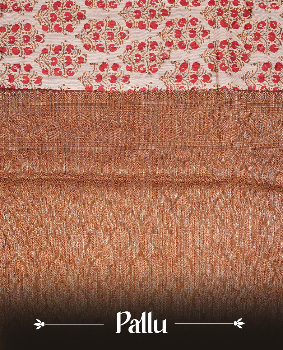 Beige Colour Chanderi silk saree featuring Block print on body, complemented by Contrast Dark Olive colour with Antique zari border, paired with matching blouse piece.