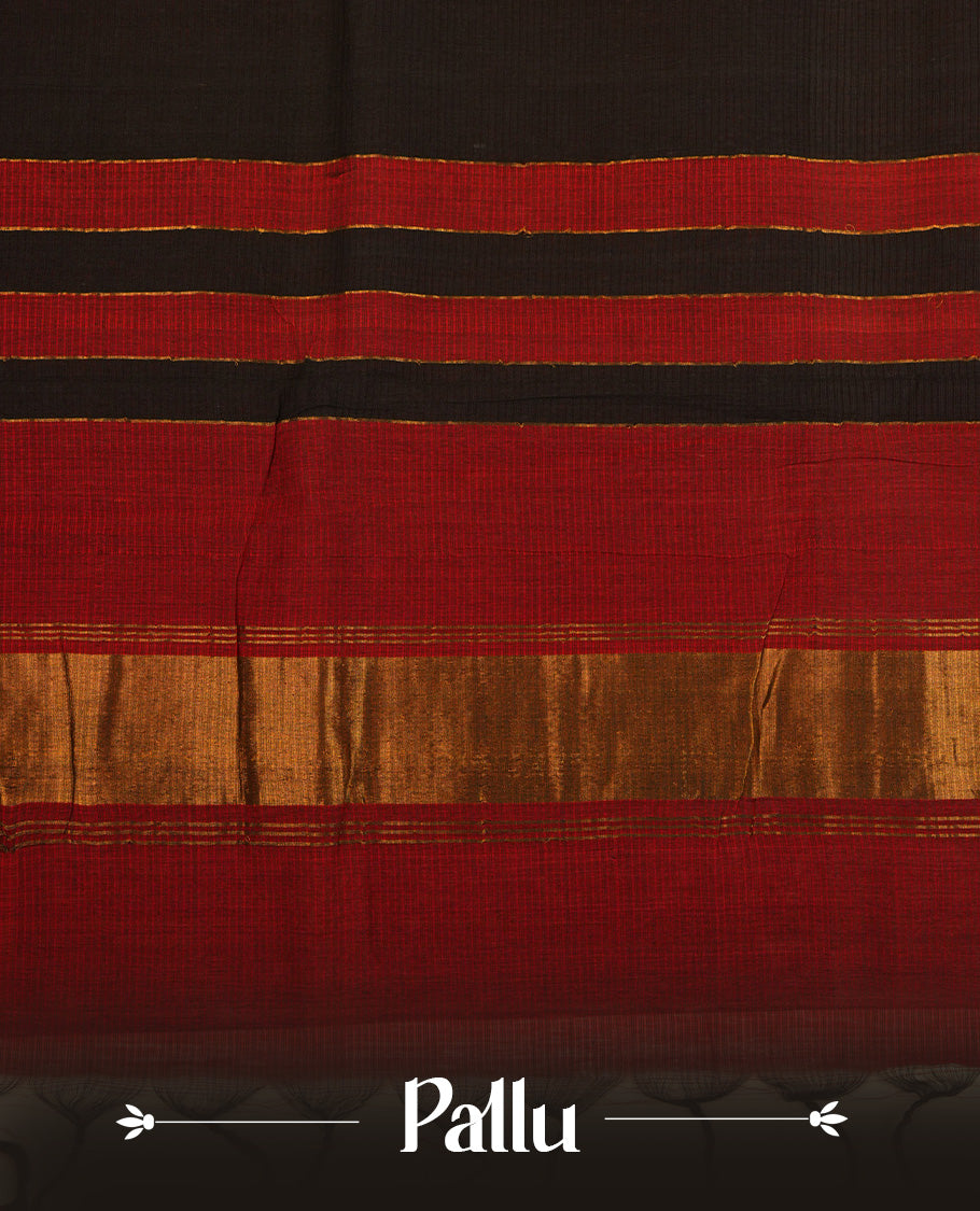 Dark Red  Mangalagiri cotton saree featuring elegant Black stripes On Body , Complemented by Contrast Check Pattern , Gold  zari border & Contrast  pallu, Paired With a matching blouse piece.