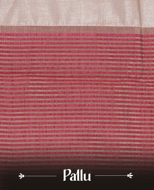 Cream colour Tussar silk saree Featuring Elegant Plain body, complemented by Contrast Maroon colour with gold zari border, paired with matching blouse piece.
