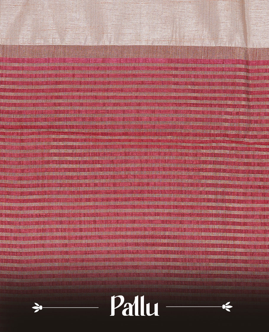 Cream colour Tussar silk saree Featuring Elegant Plain body, complemented by Contrast Maroon colour with gold zari border, paired with matching blouse piece.
