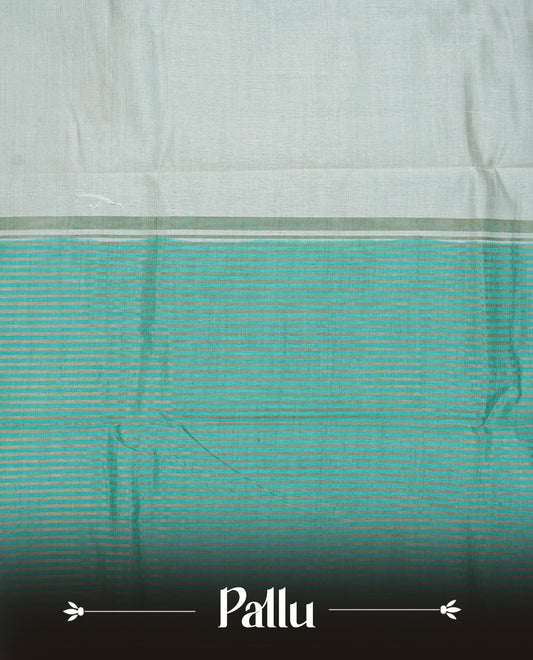 White cream colour Semi Tussar silk saree featuring an elegant plain body, accentuated by a contrast Aqua border adorned with intricate gold zigzag zari work, paired with a matching blouse piece.
