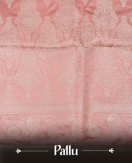 Peach colour Mulberry silk saree featuring light gold small buttas & big motifs onbody, complemented by self colour with Light gold zari floral Border, comes with matching blouse piece.