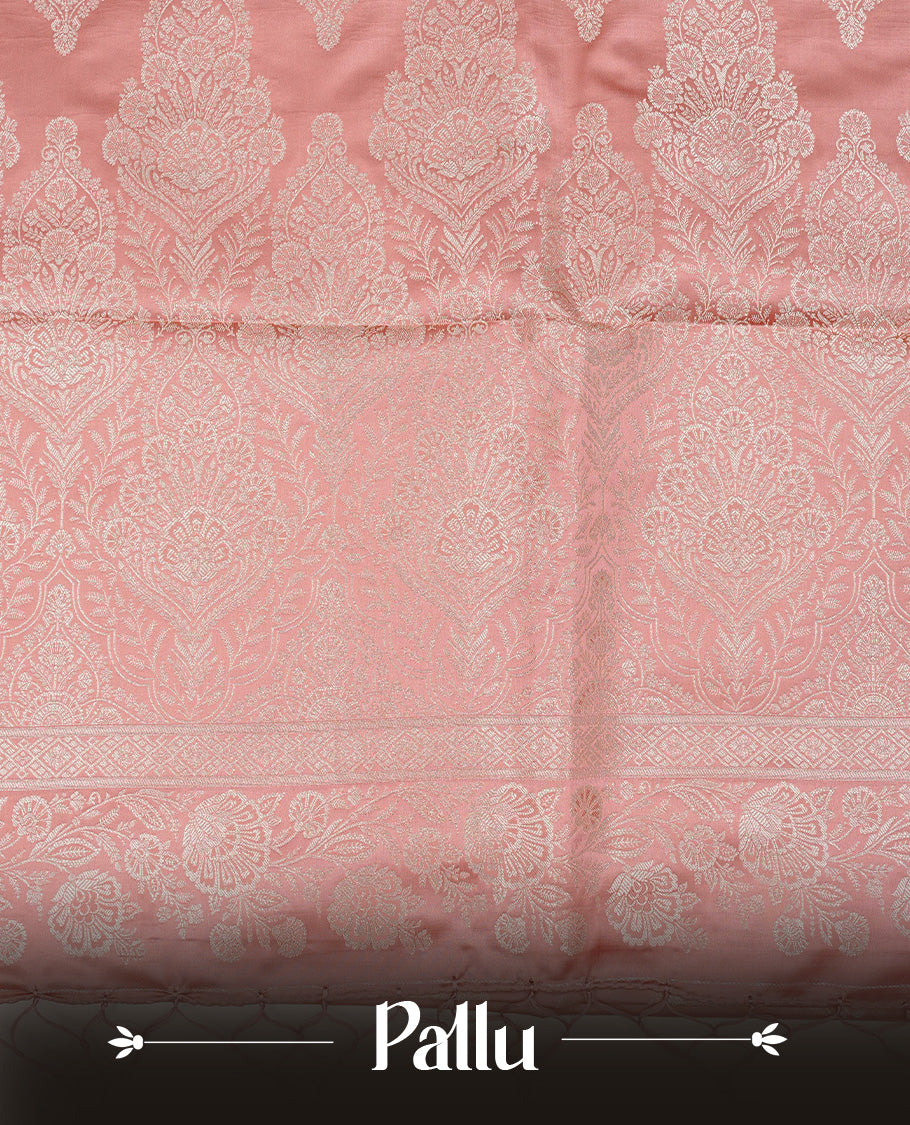 Peach colour Mulberry silk saree featuring light gold small buttas & big motifs onbody, complemented by self colour with Light gold zari floral Border, comes with matching blouse piece.