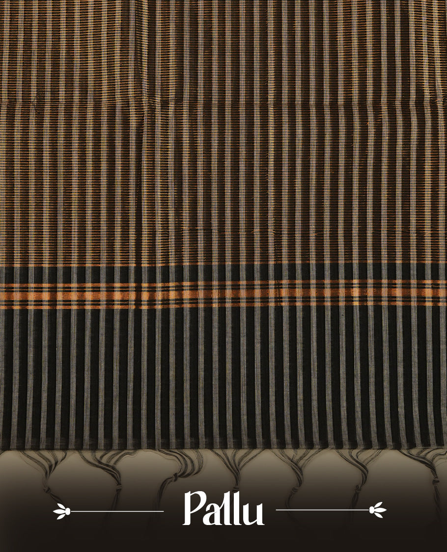 Black  Colour Mangalagiri cotton saree featuring elegant Grey stripes Across The Body , a Two Inch Gold  zari border & Gold Zari Pallu, Paired With a matching blouse piece.