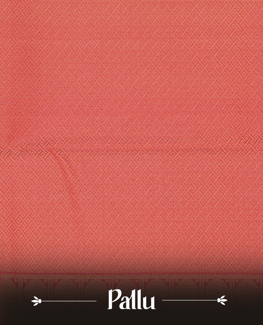 Orange colour Traditional Kancheepuram silk saree featuring gold zari motifs on body, enhanced with contrast Red with traditional with green piping border, paired with matching blouse piece.