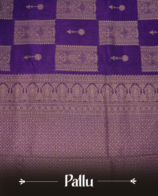 Violet colour Tussar Banaras Georgette silk saree featuring Antique zari Box Pattern on body, complemented by self colour border with zari border, paired with matching blouse piece.