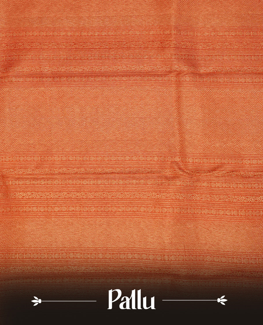 Coral Orange  Colour Pure Kancheepuram Silk Saree Featuring Gold Zari Zig Zag  Pattern on the Body, Highlighting a Traditional Gold Zari Border, Paired with a Matching Blouse Piece.