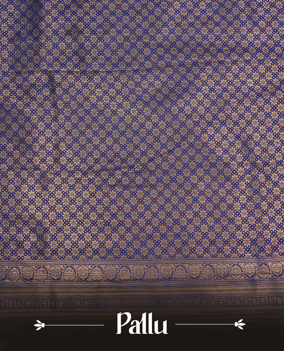 Aqua colour semi wedding saree featuring gold zari pattern on body, complemented by contrast Blue with traditional border, paired with matching blouse piece.