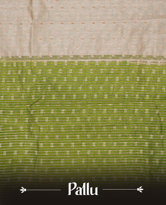 Cream colour Semi Tussar silk saree featuring an Gold zari motifs on body, accentuated by a contrast Green border adorned with intricate gold zari work, paired with a matching blouse piece.