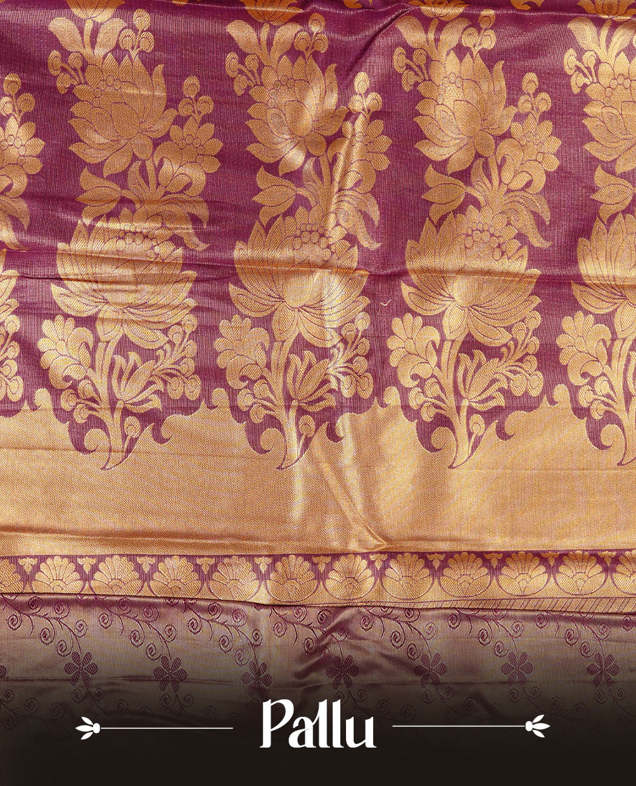 Wine & Gold colour Double shade Semi tissue silk saree featuring Silver zari Floral pattern on body, Contrast Maroon colour with Fancy border, paired with matching.