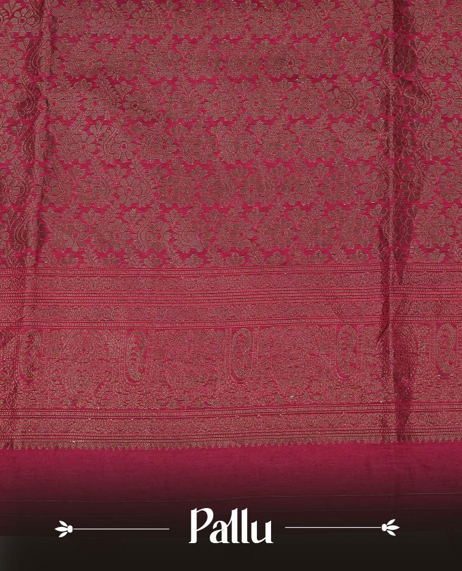 Rani Pink  colour semi linen saree with elegant gold zari Leaf motifs across the body, complemented by a contrast colour with grand gold zari pallu and a borderless design, paired with a matching blouse piece.