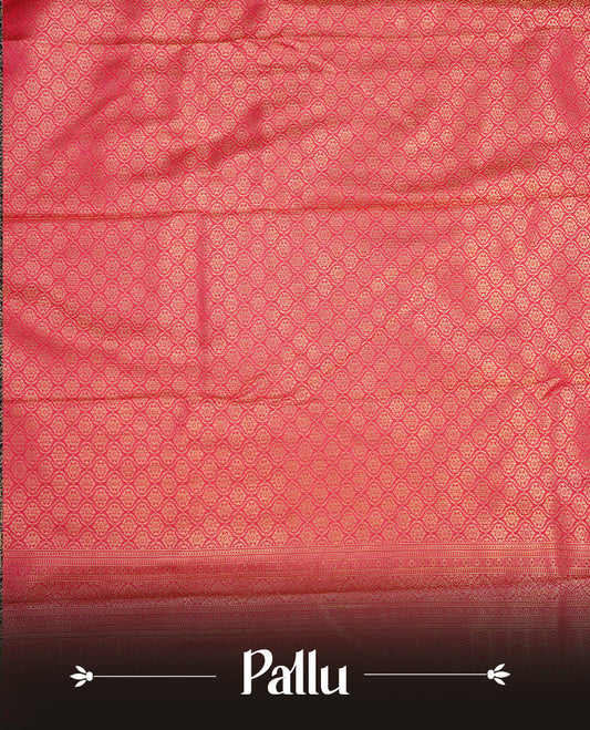 Green colour semi wedding saree featuring Gold zati floral kodi pattern on body, complemented by contrast magenta with traditional border, paired with matching blouse piece.