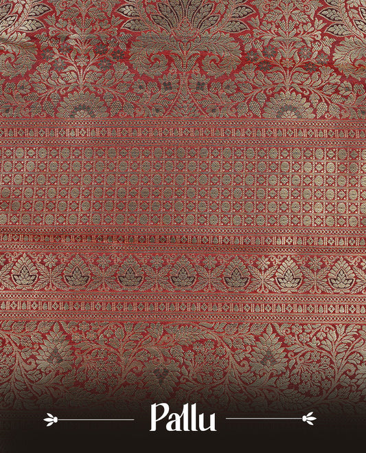 Dark chocolate colour semi wedding silk saree featuring Gold zari Floral kodi pattern with Silver zari peacock motifs on body, complemented gold zari border, paired with matching blouse piece.