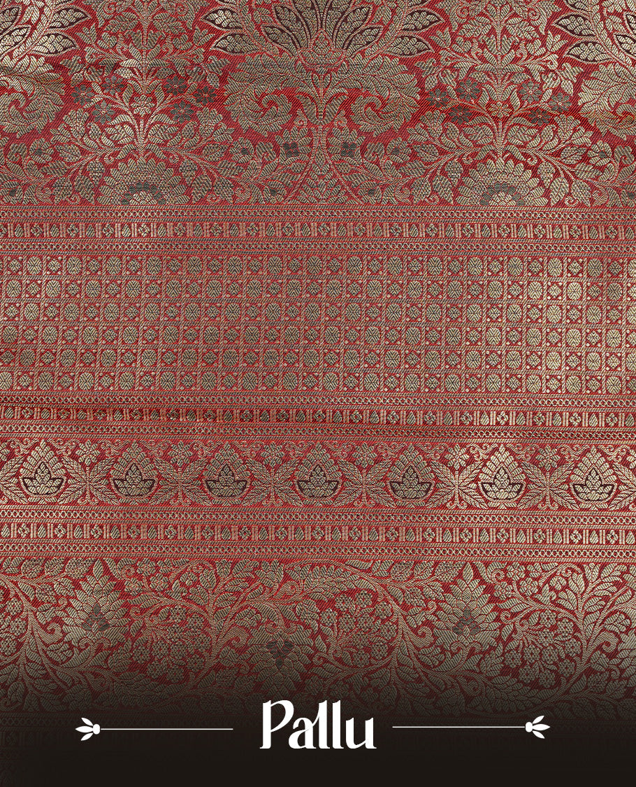 Dark chocolate colour semi wedding silk saree featuring Gold zari Floral kodi pattern with Silver zari peacock motifs on body, complemented gold zari border, paired with matching blouse piece.