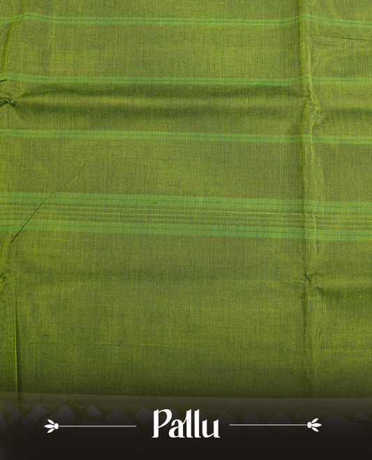 Green colour Chettinad cotton Featuring elegant plain body, complemented by contrast Black colour with gold zari border, paired with matching blouse piece.