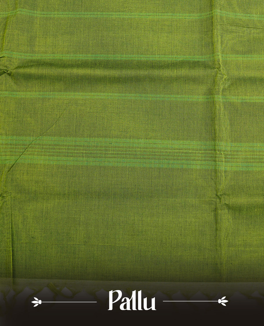 Green colour Chettinad cotton Featuring elegant plain body, complemented by contrast Black colour with gold zari border, paired with matching blouse piece.