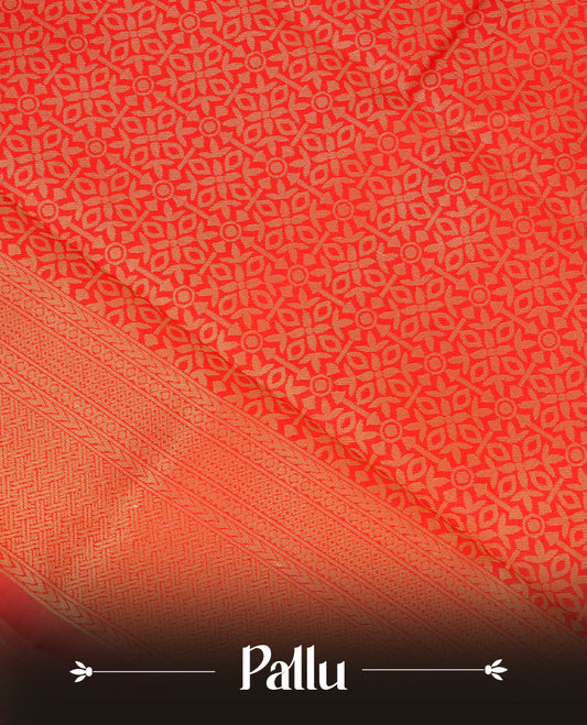 Cream Colour Semi Soft Silk Saree Featuring Gold zari Box With motifs Pattern On Body, Highlighted  by contrast Red border with Gold zari, paired with matching blouse piece.