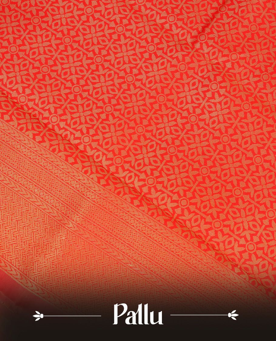 Cream Colour Semi Soft Silk Saree Featuring Gold zari Box With motifs Pattern On Body, Highlighted  by contrast Red border with Gold zari, paired with matching blouse piece.
