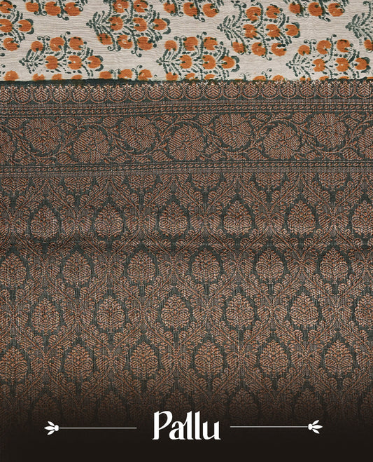 Beige Colour Chanderi silk saree featuring Block print on body, complemented by Contrast Dark Green colour with Antique zari border, paired with matching blouse piece.