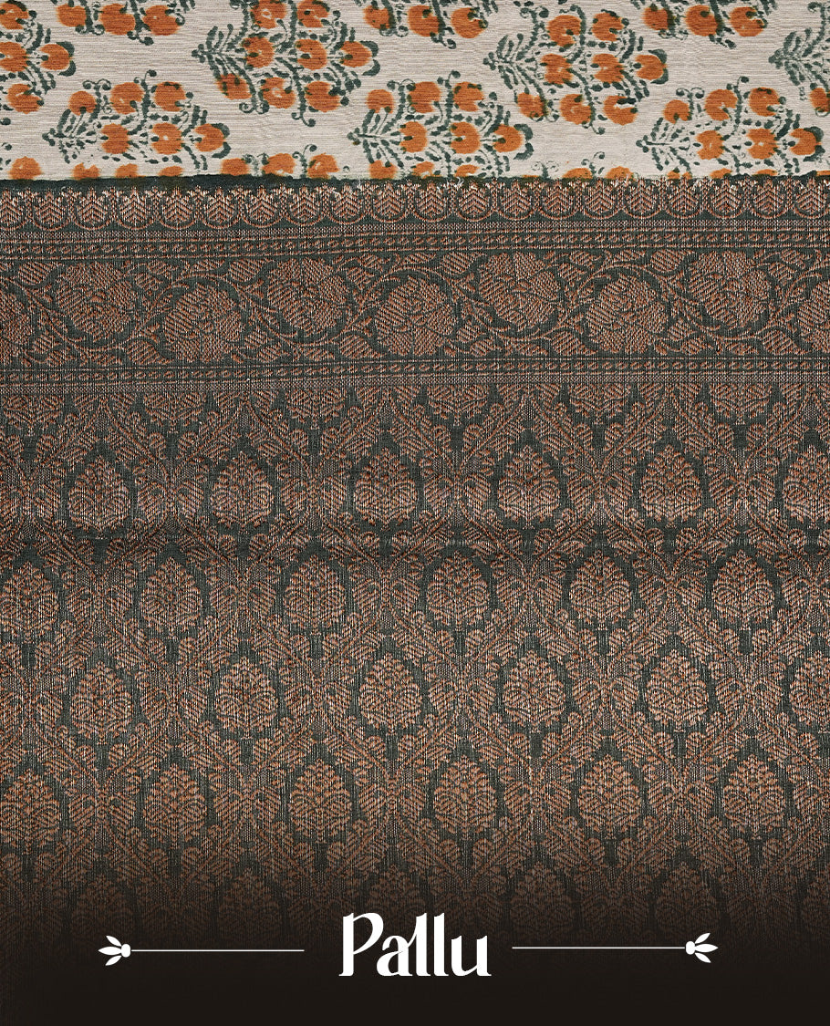Beige Colour Chanderi silk saree featuring Block print on body, complemented by Contrast Dark Green colour with Antique zari border, paired with matching blouse piece.