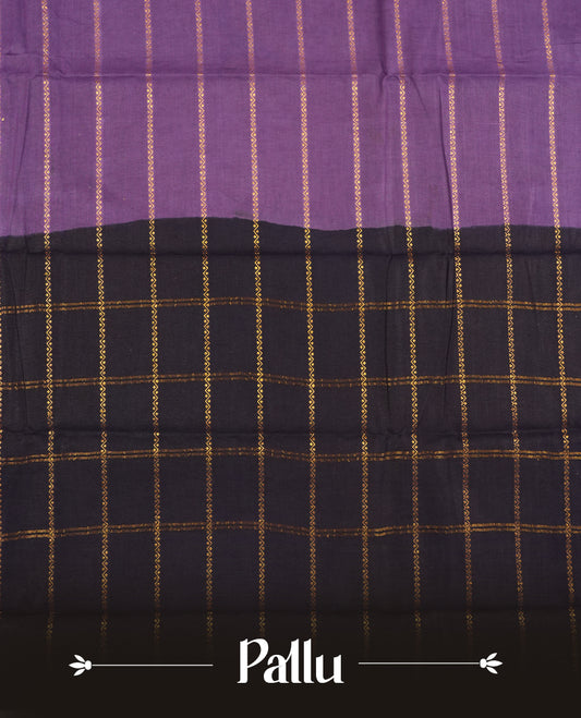Purple colour Chettinad cotton saree adorned with subtle golden zari stripes all over, The contrast black border features intricate peacock and floral motifs & Comes with a matching blouse piece.