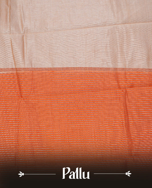 Cream colour Semi Tussar silk saree featuring an elegant plain body, accentuated by a contrast Orange border adorned with intricate gold Mango zari work, paired with a matching blouse piece.