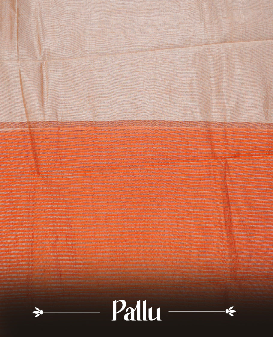 Cream colour Semi Tussar silk saree featuring an elegant plain body, accentuated by a contrast Orange border adorned with intricate gold Mango zari work, paired with a matching blouse piece.
