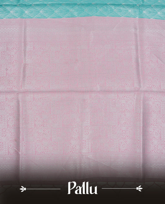Aqua colour semi silk saree featuring Silver zari Design pattern on body, complemented by contrast Lavender colour with silver zari border, comes with matching blouse piece.