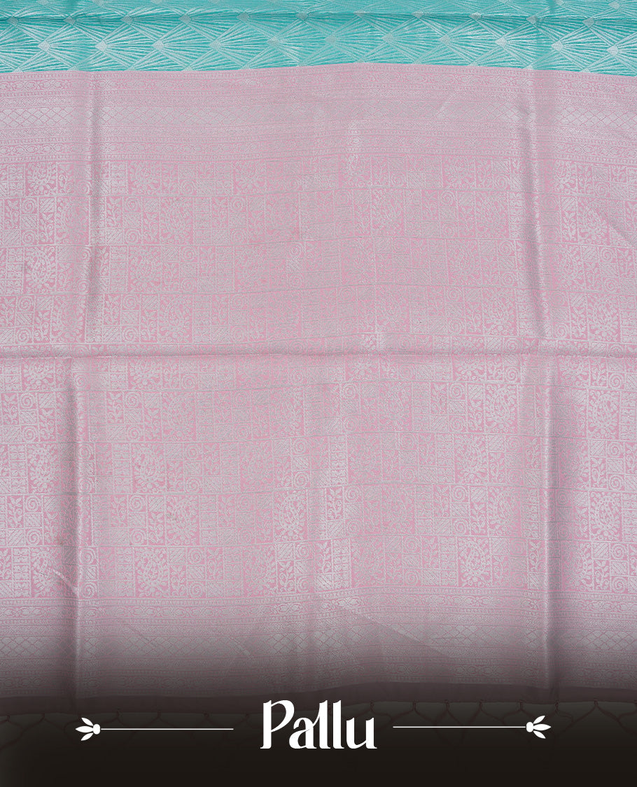 Aqua colour semi silk saree featuring Silver zari Design pattern on body, complemented by contrast Lavender colour with silver zari border, comes with matching blouse piece.